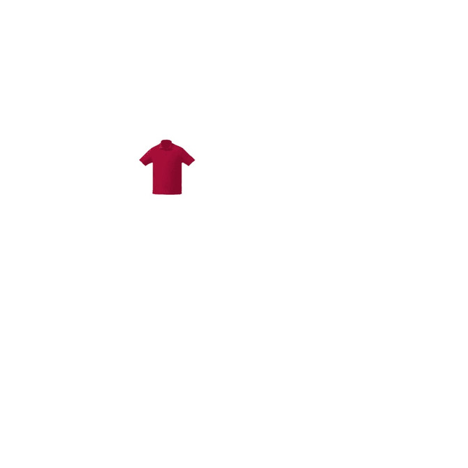 A red men's polo shirt with short sleeves, featuring a logo.