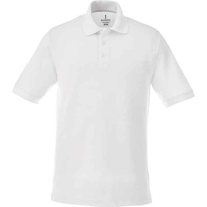 A white short sleeve polo shirt featuring a collar and a branded tag.