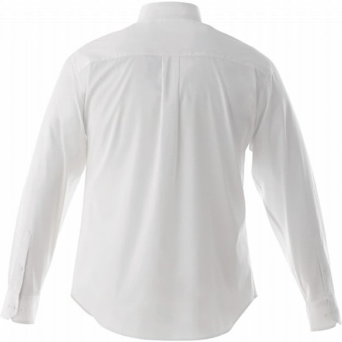 A white long-sleeve button-up shirt for men, featuring a plain back and buttoned cuffs. It has a logo on the fabric.
