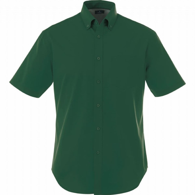 A green short sleeve button-up shirt with a collar and chest pocket. It features a logo on the collar area.