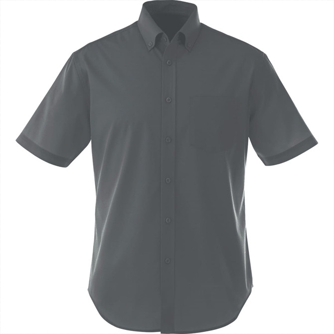 A short sleeve men's button-up shirt in dark green, featuring a collar and a chest pocket. It has a logo.