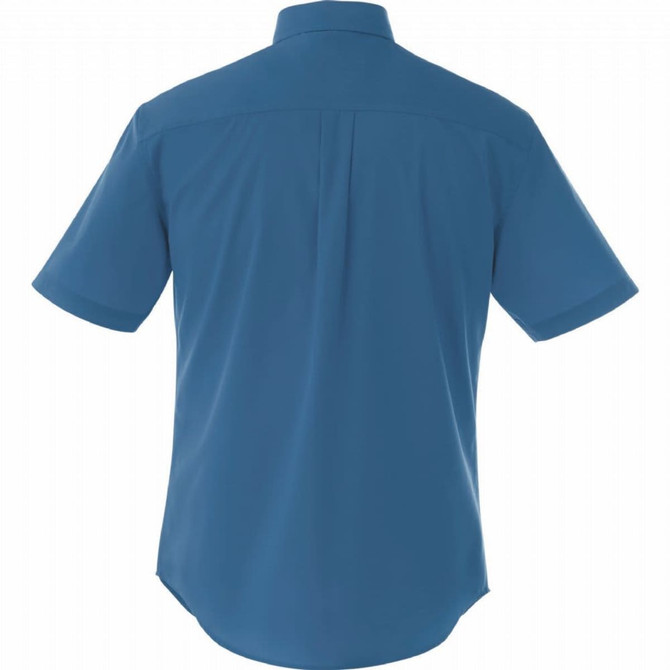 A blue short sleeve button-up shirt with a simple design and back pleat, featuring a logo on the back.
