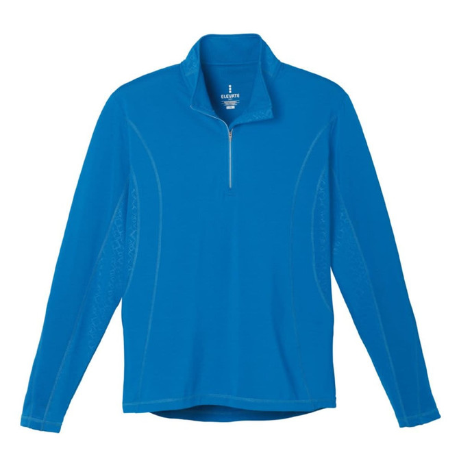 A blue knit quarter zip jumper with long sleeves and a logo. Suitable for casual wear.