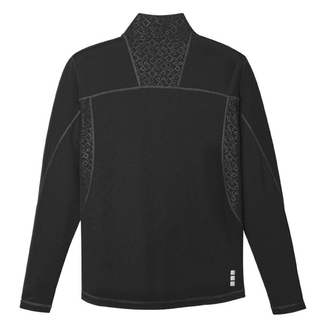 A black knit quarter zip jumper with a textured design and a logo on the back.