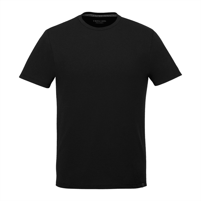 A black short sleeve tee for men with a round neckline and a subtle logo. Perfect for casual wear.