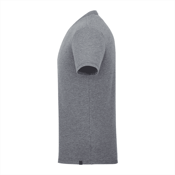 A grey short sleeve men's t-shirt with a fitted design and a logo on the side seam.