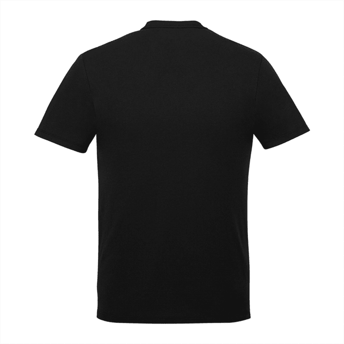 A black short sleeve tee for men, featuring a simple design and an inclusion of a logo.