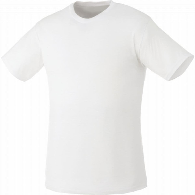 A white short sleeve tee for men with a simple design and a logo on the front.
