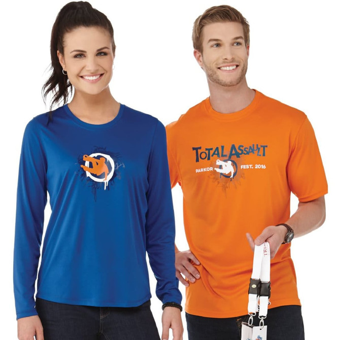 A blue long sleeve shirt and an orange short sleeve tee, both featuring a logo design, displayed on a male and female model.
