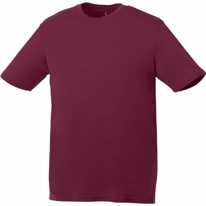A maroon short sleeve tech tee for men, featuring a simple design and a logo.