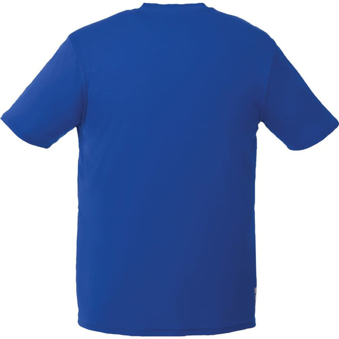 A blue men's short sleeve tech tee with a logo on the back. Suitable for casual wear or outdoor activities.