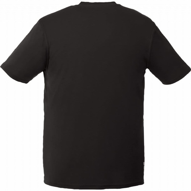 A black short sleeve tech tee for men featuring a simple design and a logo on the back.