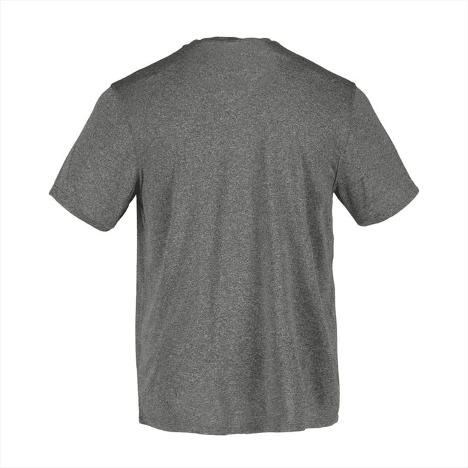 A grey short sleeve tech tee for men, featuring a simple design and a logo on the back.