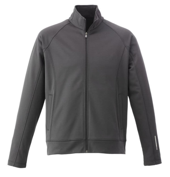 A grey men's knit jacket with a zippered front and side pockets, featuring a logo on the front.