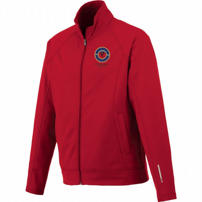 A red men's knit jacket with a collar and a logo on the chest, featuring zipped pockets.