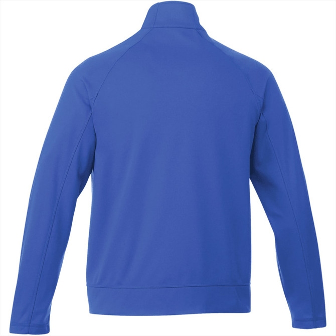 A blue Okapi Knit Jacket for men, featuring a simple design and a logo on the back.