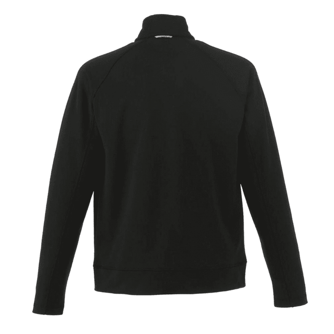 A black men's jacket with a high collar and a sleek, minimalistic design. It features a logo on the back.