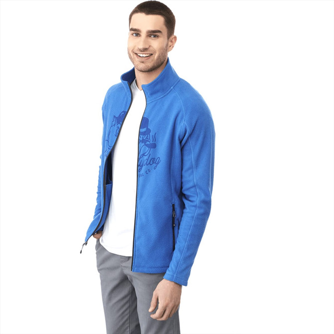 A blue polyfleece jacket for men, featuring a zippered front and a logo on the chest.