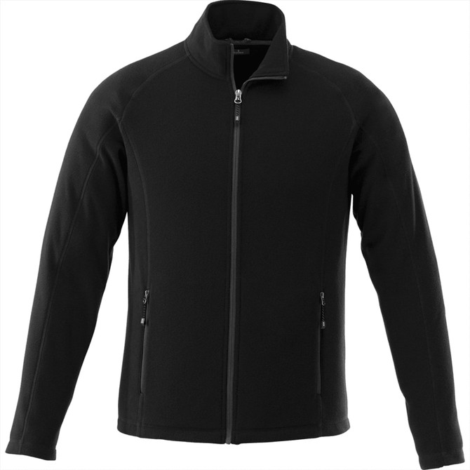 A black Rixford Polyfleece Jacket for men featuring a zip front and side pockets, with a logo on the chest.