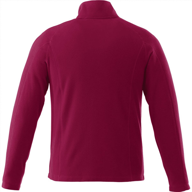 A maroon men's polar fleece jacket with a high collar and long sleeves, featuring a logo on the back.