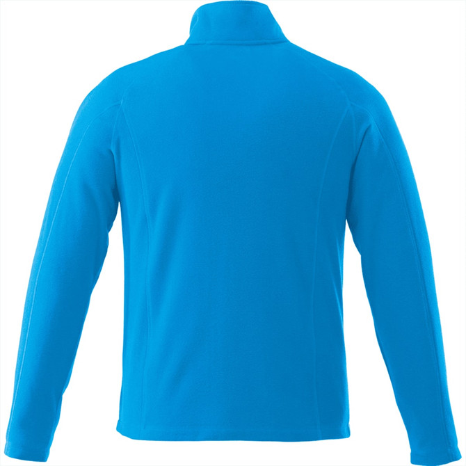 A men's polyfleece jacket in bright blue with a high collar and long sleeves, featuring a logo on the back.