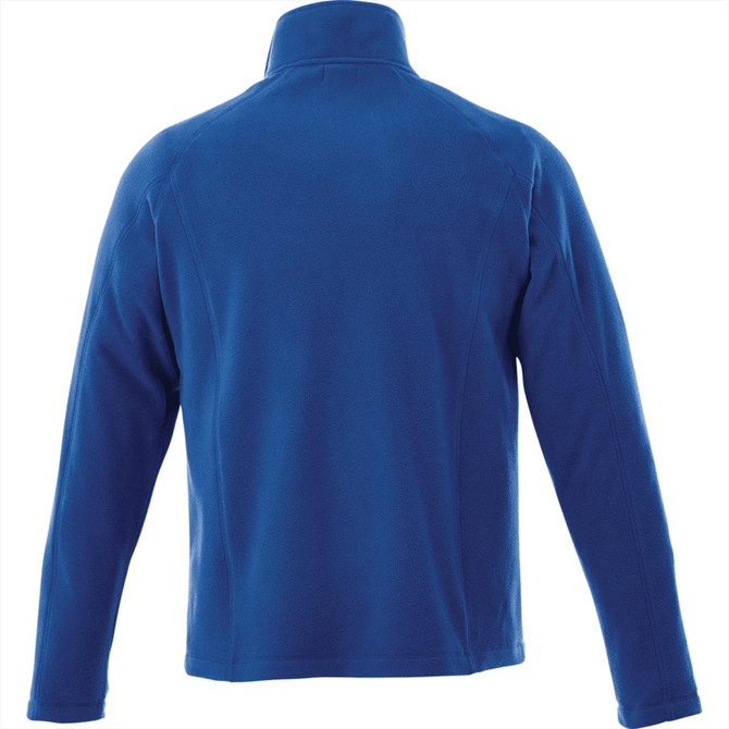 A blue polar fleece jacket with a high collar and long sleeves, featuring a logo on the back.