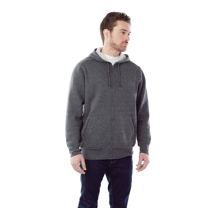 A men's hoodie in dark grey featuring a zip front, with a drawstring hood and front pockets.