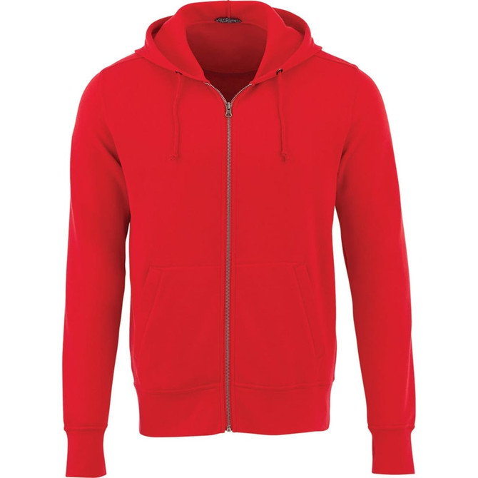 A red men's fleece zip hoodie with a front pocket and a hood, featuring a logo on the chest.