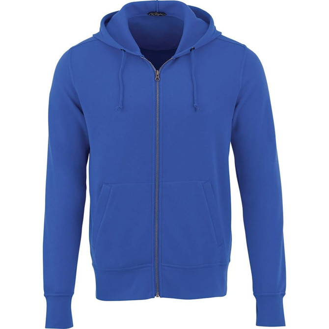 A blue men's fleece zip hoodie with a front zipper and pockets, featuring a hood and a logo.