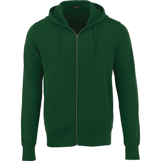 A green zip-up fleece hoodie for men with a front pocket and a drawstring hood. It features a logo on the chest area.