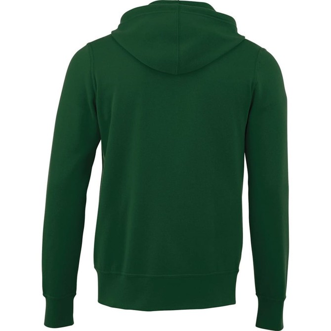 A green men's fleece zip hoody with a hood, featuring a solid back design and ribbed cuffs.