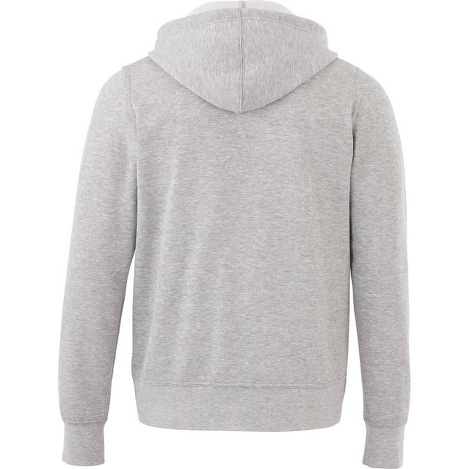 A grey hoodie with a zip and hood at the back, featuring a simple design and a logo.