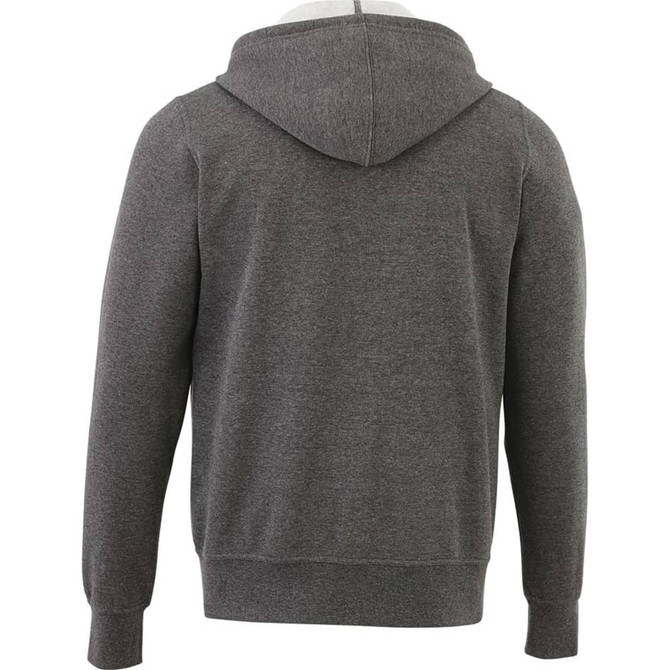 A men's hoodie in grey fleece with a hood, featuring a back view and a logo on the fabric.