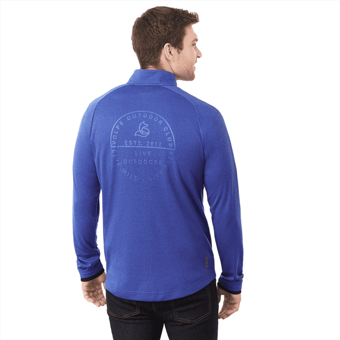 A blue men's eco knit jacket featuring a logo on the back. The jacket has a collar and ribbed cuffs.