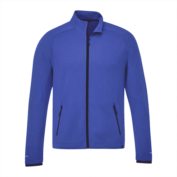 A blue eco knit jacket for men with zippered pockets and a logo on the front.
