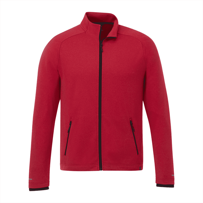 A red eco-knit jacket with a zip front, featuring two side pockets and a branding logo.