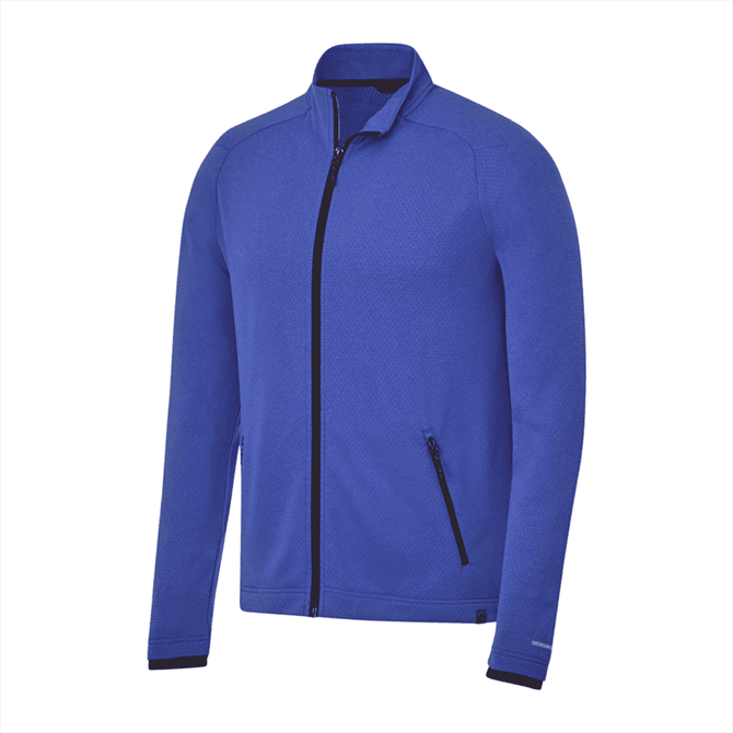 A blue eco-friendly knit jacket for men, featuring a zip front and side pocket, with branding on the sleeve.