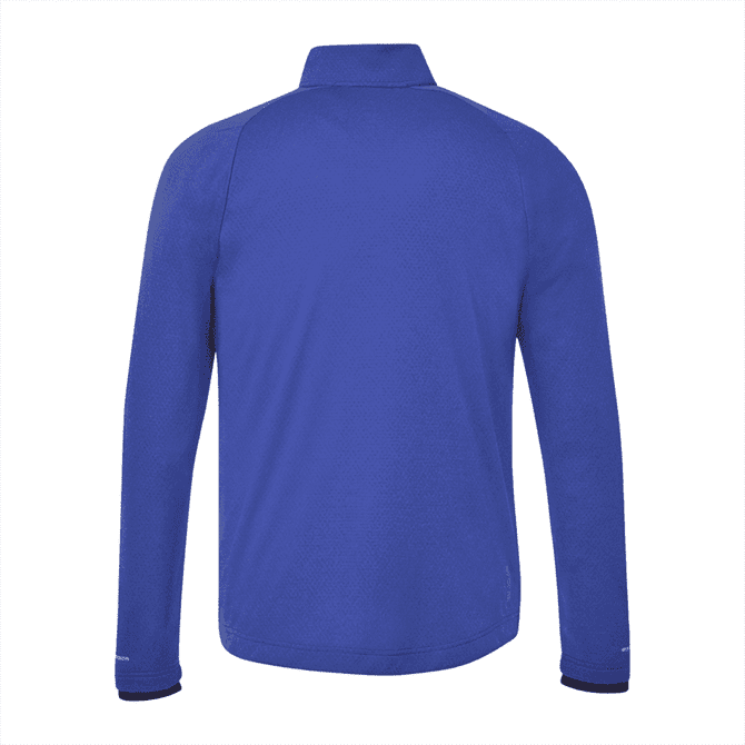 A blue men's jacket with a high collar and long sleeves, featuring a logo on the back.
