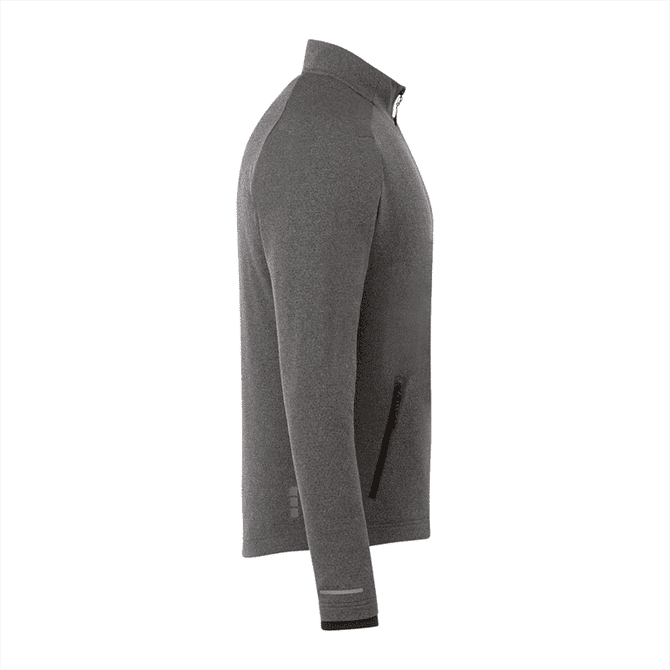 A grey men's jacket featuring a zip front, high collar, and a logo, with side pockets for storage.