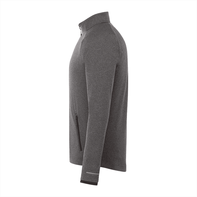 A grey eco-friendly knit jacket for men featuring a zip collar and side pockets. It has a simple logo on it.
