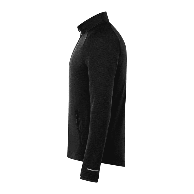 A black eco knit jacket for men featuring a high collar and zip pockets, with a subtle logo design.