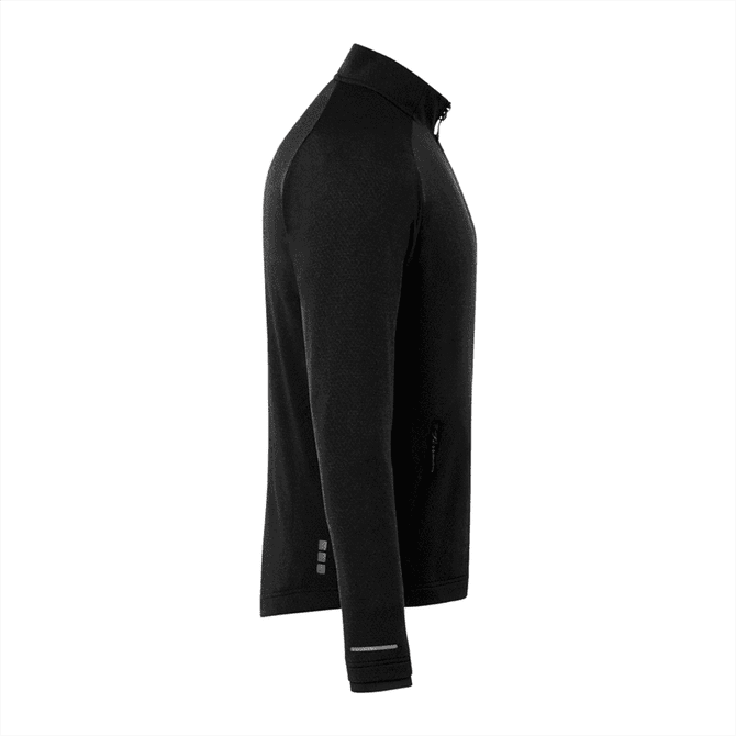 A black men's knit jacket with a zip, featuring a logo and side pockets.