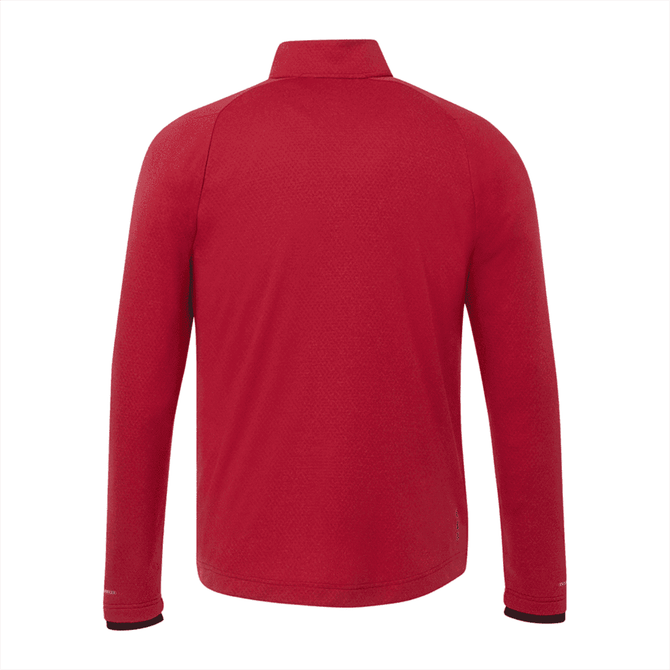 A red jacket with long sleeves and a collar, featuring a logo on the back.