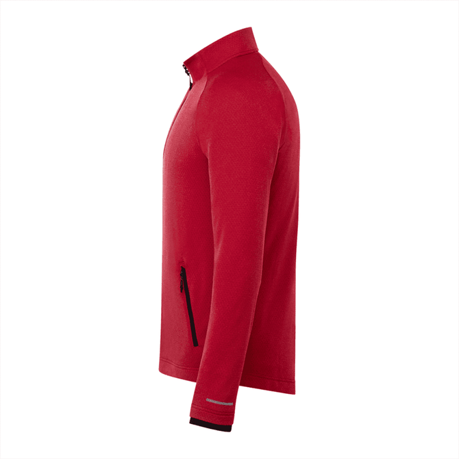 A red men's jacket with a zip and side pocket, featuring a subtle texture and black accents.