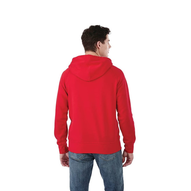 Men's red fleece hoodie featuring a drawstring hood, with a plain design and a logo on the back.