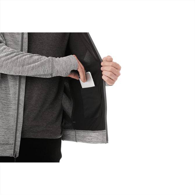 A grey men's knit zip hoodie featuring an inner pocket, held open by a hand. The fabric appears soft and comfortable.