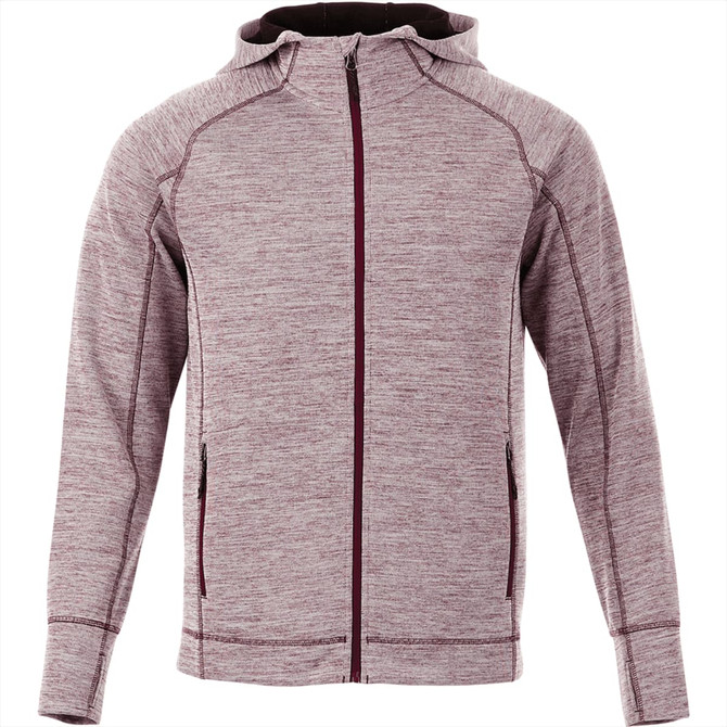 A maroon and grey zip-up hoodie with a hood and side pockets, featuring a logo on the front.