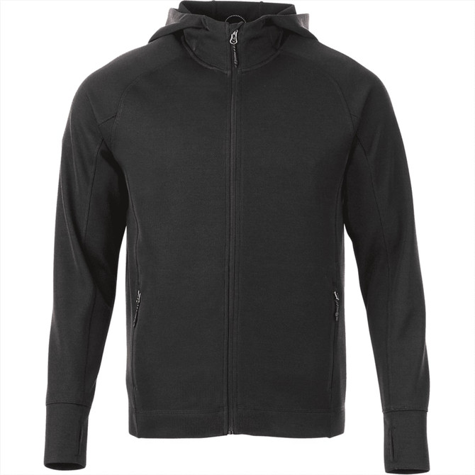 A black hooded zip jumper featuring a logo, designed for men with side pockets.