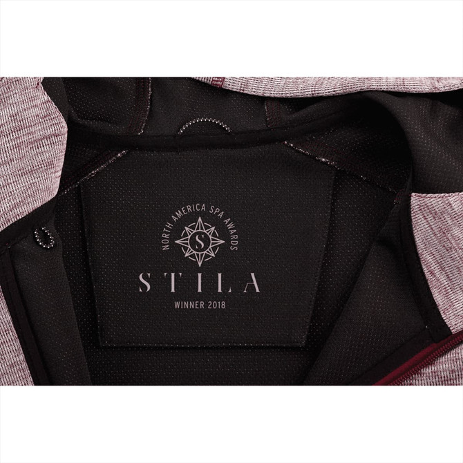 A maroon and grey zip-up hoodie with a logo inside the collar area.