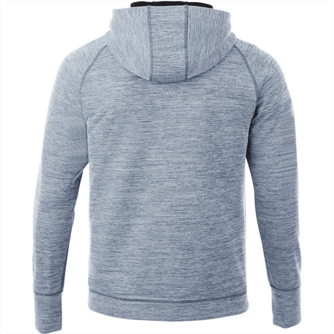 A grey knit zip hoodie for men with a fitted design and a hood. Features a logo on the back.
